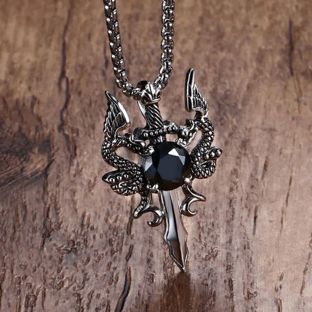 STAINLESS STEEL BLACK DIAMOND TWIN DRAGON CROSS SWORD NECKLACE